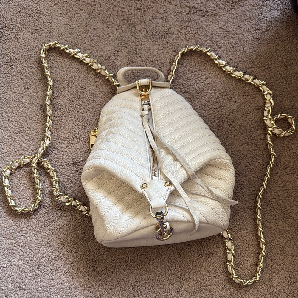Rebecca Minkoff White Quilted Backpack with Gold Chain